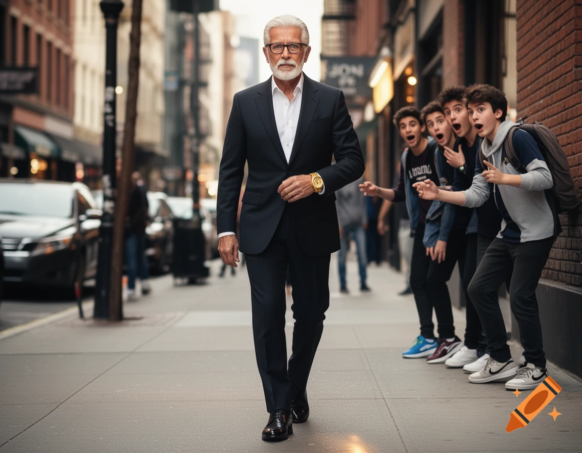 An older man in a suit and glasses walking down a city sidewalk while four teenagers stare at him in amazement.
