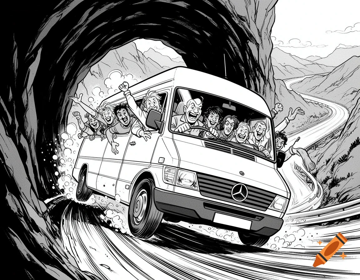 Black and white comic style illustration of a Mercedes minibus speeding out of a tunnel with passengers leaning out the windows.