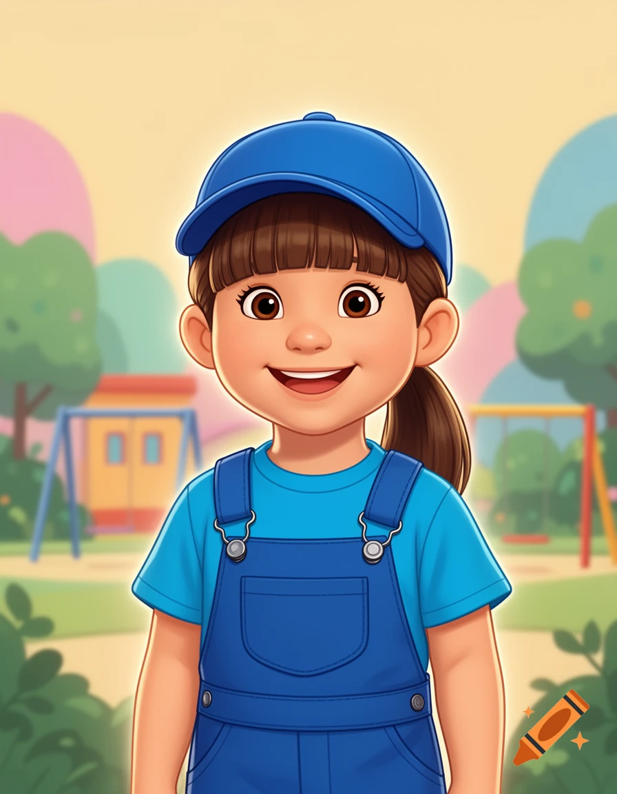 Digital illustration of a smiling young girl wearing a blue cap, blue t-shirt, and blue overalls in a playground setting.