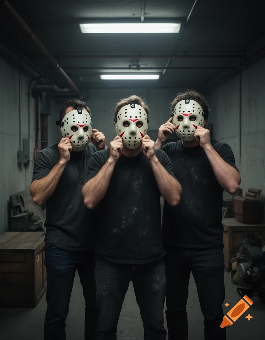 Three men in black t-shirts and dark jeans holding up Friday the 13th hockey masks in a dim basement hallway, photorealistic.