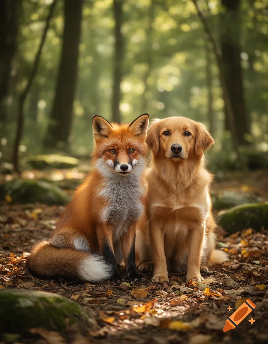 Photorealistic image of a cute red fox and a golden retriever dog sitting together in a forest.
