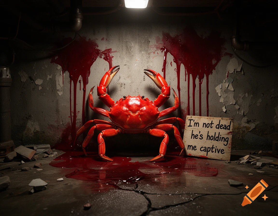 A bright red crab in a dark dingy basement with red goo splattered on the wall and a sign reading I am not dead he is holding me captive.