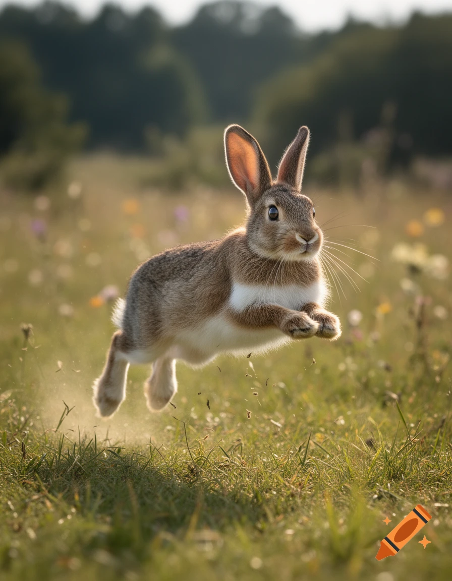 Photorealistic image of a brown and white rabbit leaping through a sunny grassy field.