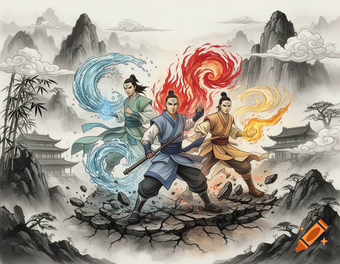 Team Avatar fan art in oriental ink wash style, featuring water, fire, earth, and air benders on a cracked stone platform.