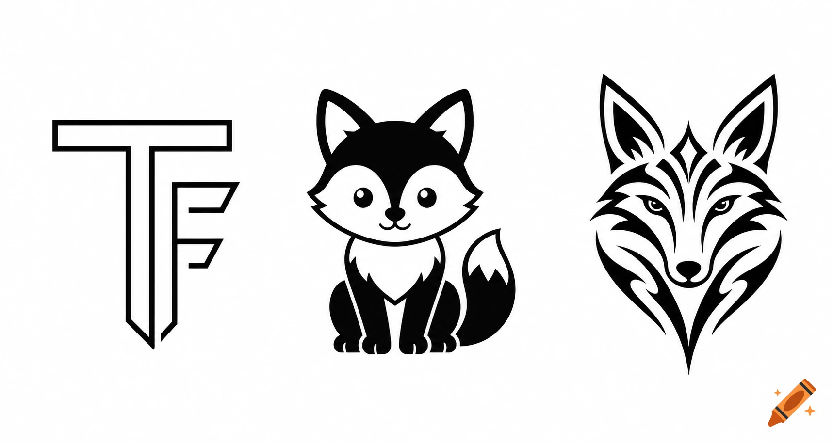 Black and white vector icons featuring a monogram logo, a cute sitting fox, and a tribal fox mask.