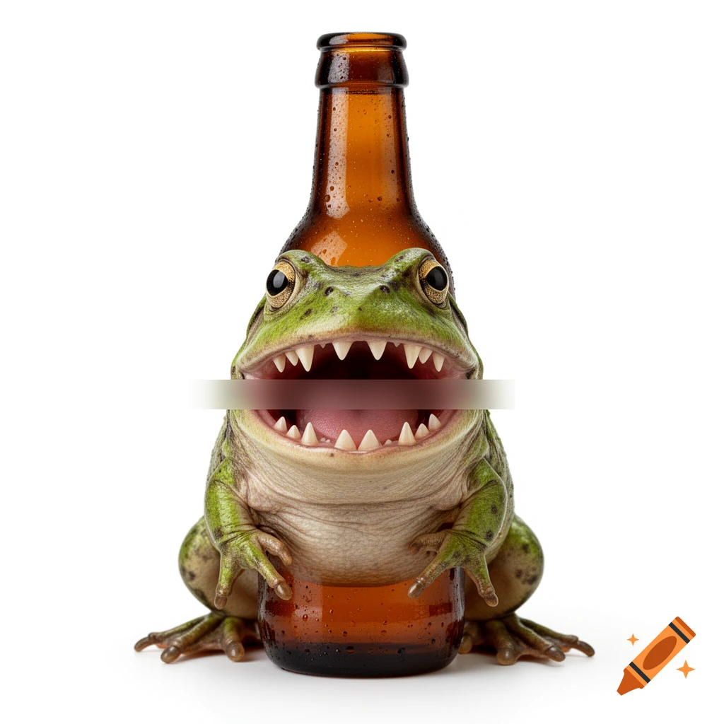 A photorealistic frog with sharp dinosaur teeth wrapped around a brown glass beer bottle against a white background.