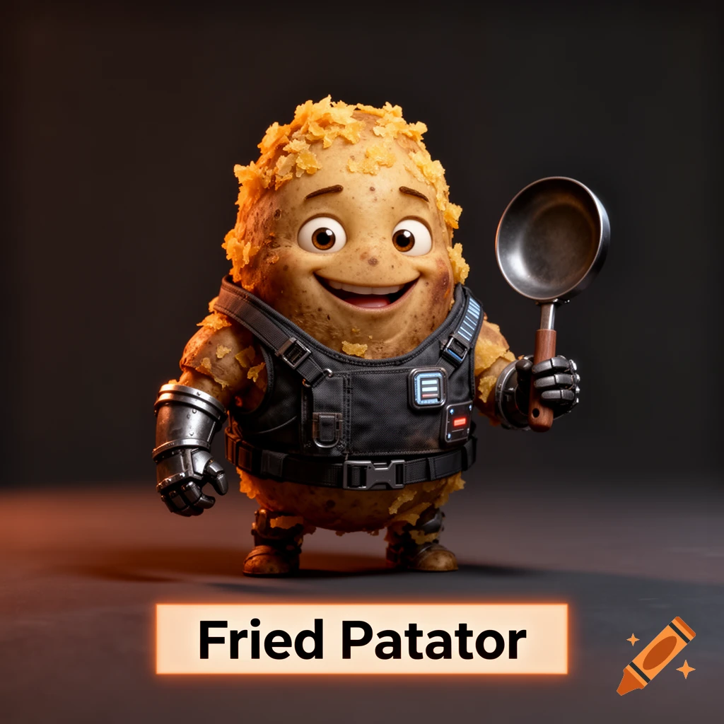 3D cartoon potato character wearing tactical armor and holding a frying pan against a dark background, with text below reading Fried Patator