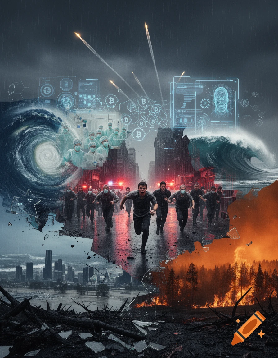 Photorealistic digital collage showing people running in fear amidst disasters like tsunamis, wildfires, and missiles in a stormy city.