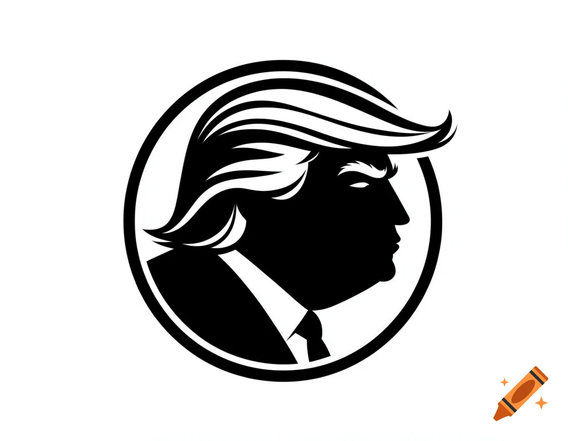 A black and white vector silhouette of Donald Trump's profile inside a circular border.