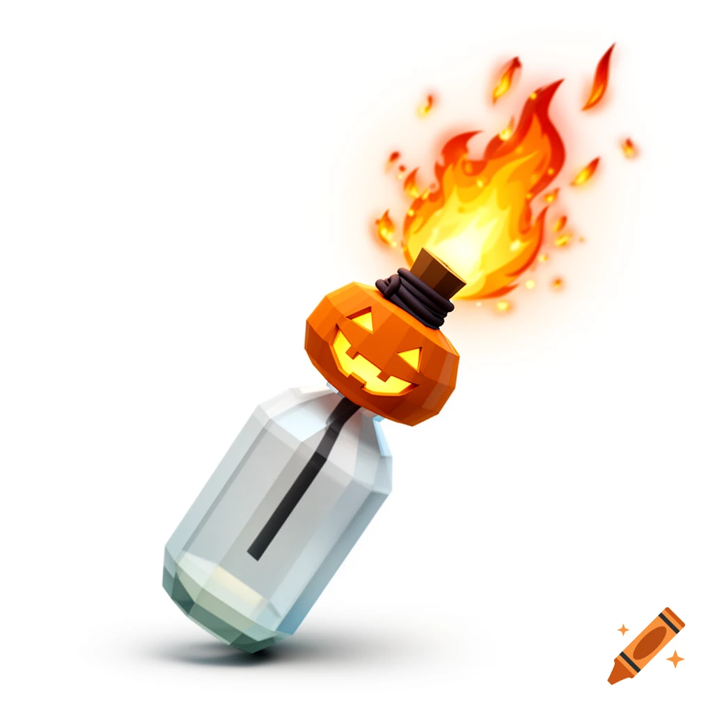 Low-poly 3D video game weapon skin of a glass bottle with a glowing Jack-o'-lantern pumpkin head and fire particles, on a white background.