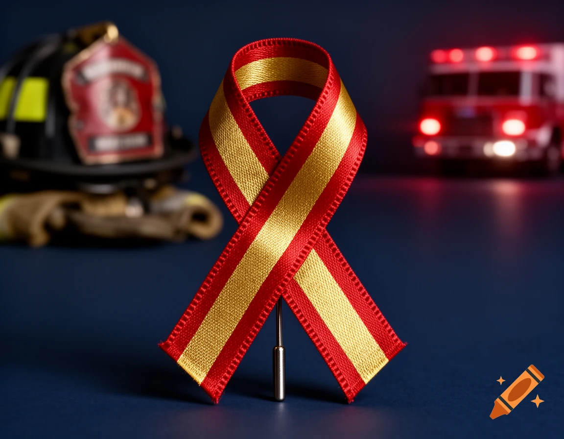 Photorealistic image of a red and gold awareness ribbon standing upright with a firefighter helmet and fire truck in the background.