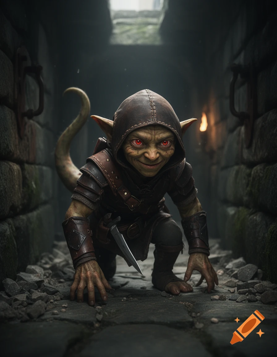 A photorealistic small goblin in a hooded leather armor crouching with a dagger in a medieval stone dungeon corridor.