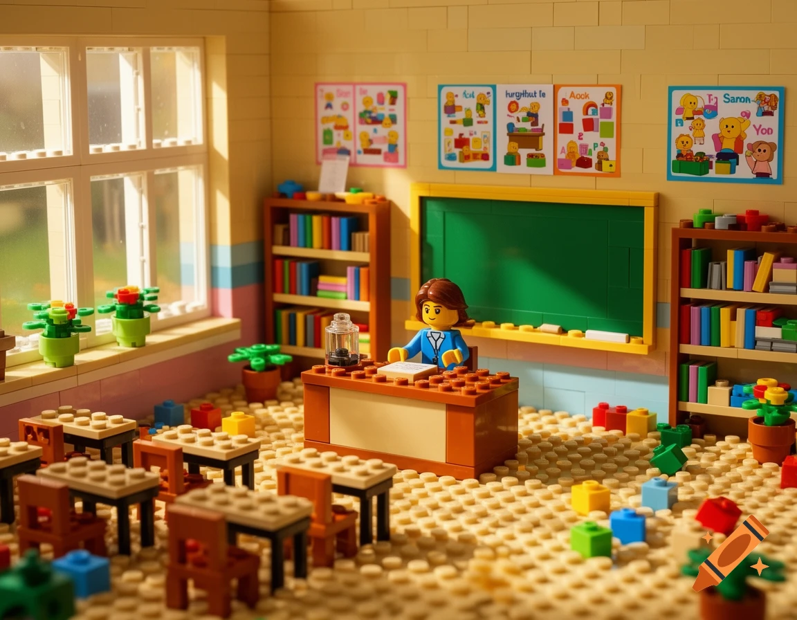 A detailed Lego classroom diorama with miniature desks, a blackboard, bookshelves, and toy figures in a sunny room.