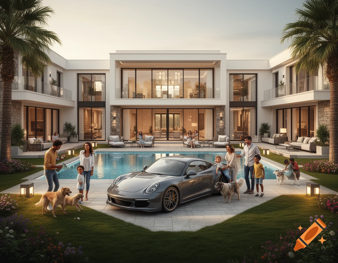 Photorealistic image of a modern luxury villa with a swimming pool, a parked Porsche, family members, and dogs in the courtyard.