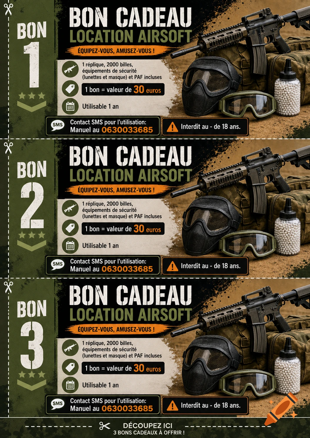 An A4 promotional flyer template for airsoft voucher rentals featuring an airsoft rifle, tactical mask, goggles, and BBs.