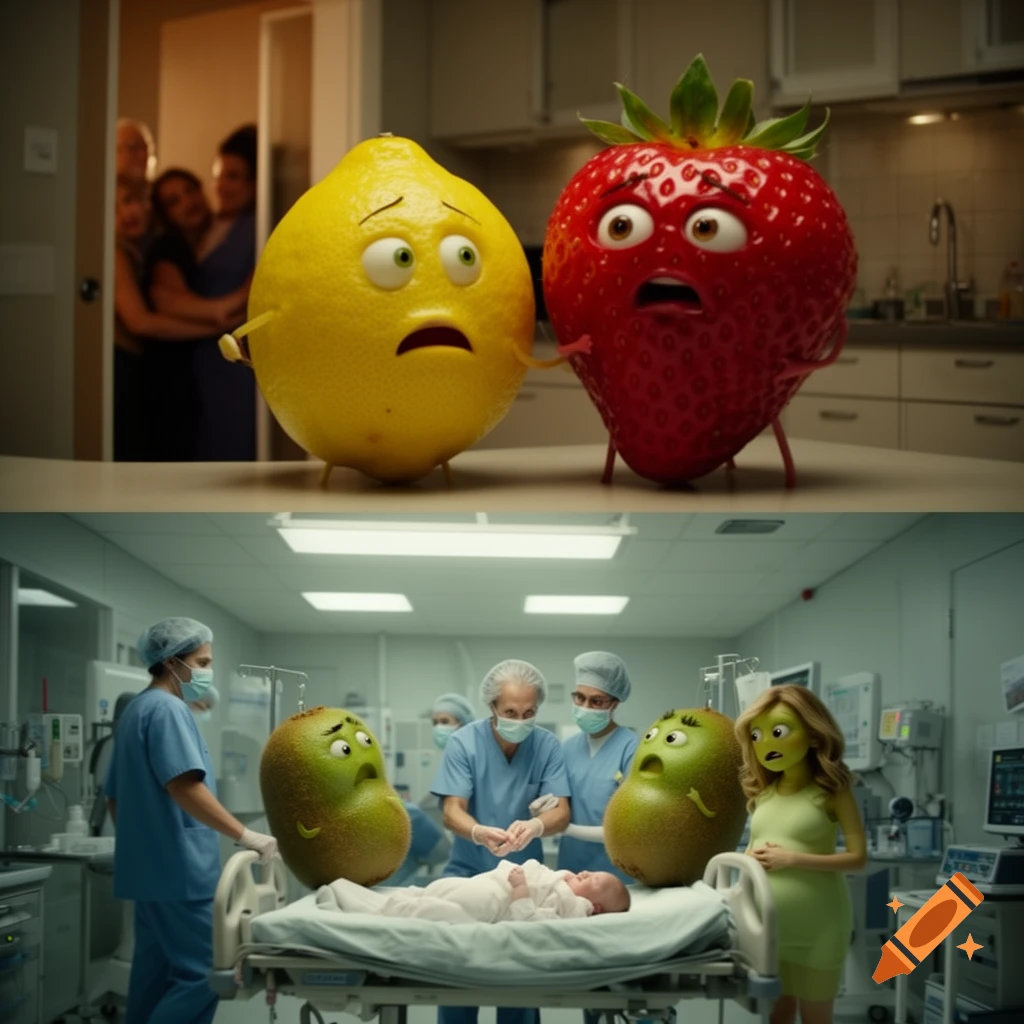 Cinematic split image featuring anthropomorphic fruit characters in a dramatic narrative scene.
