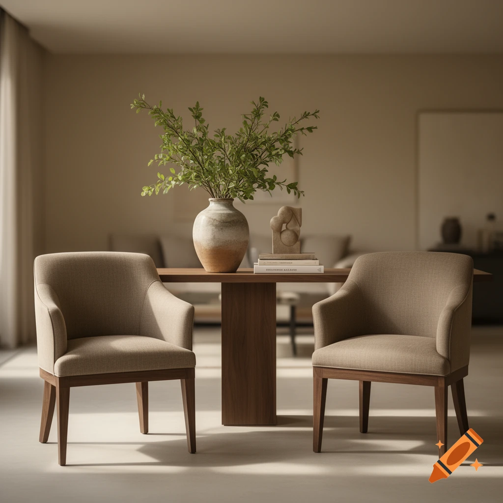Photorealistic interior design featuring a wooden dining table, two beige armchairs, a large vase with green branches, and books.