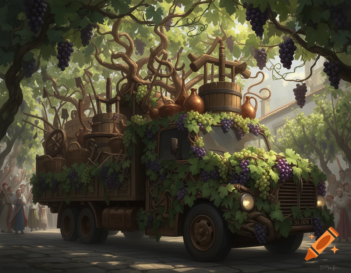 A flatbed truck intricately decorated with grapevines and wine-making equipment in a Portuguese ethnographic parade.