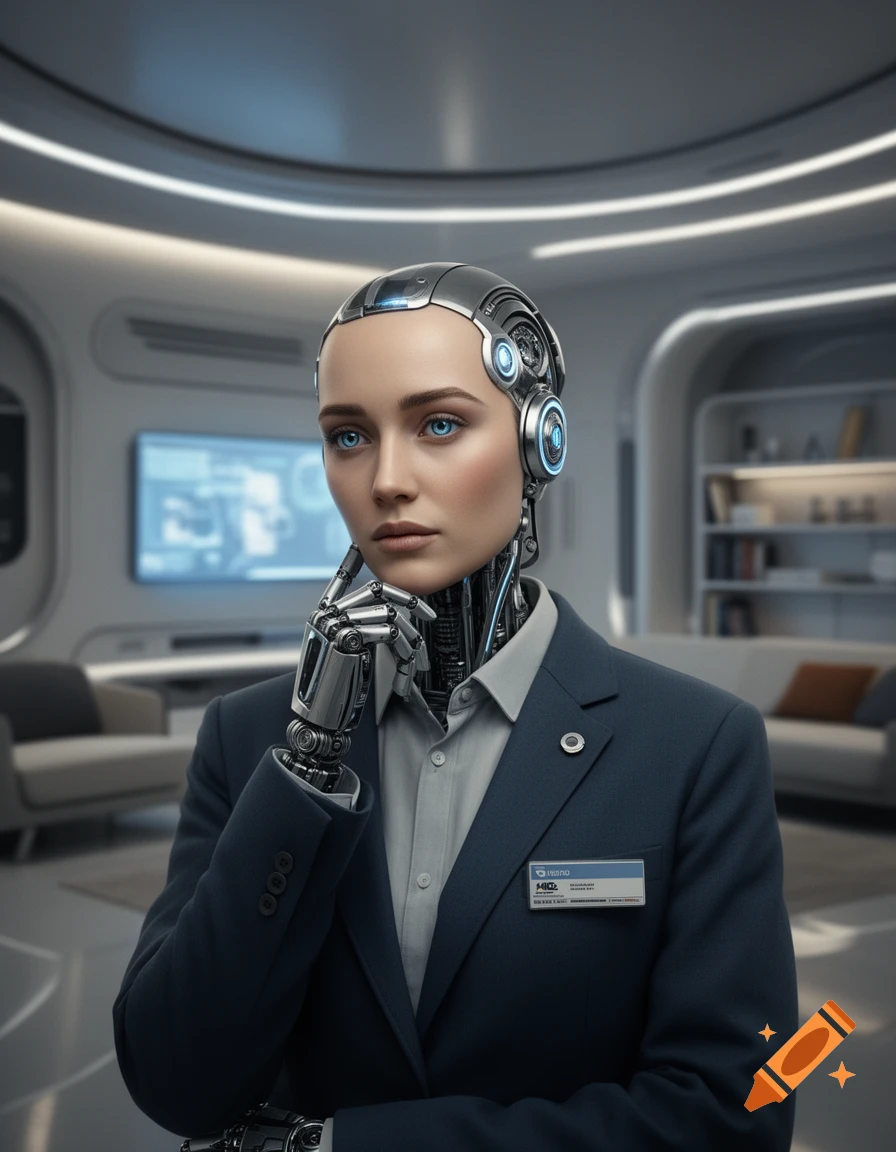 Photorealistic medium shot of a female humanoid robot with a metallic head and glowing blue eyes, wearing a business suit in a futuristic interior.
