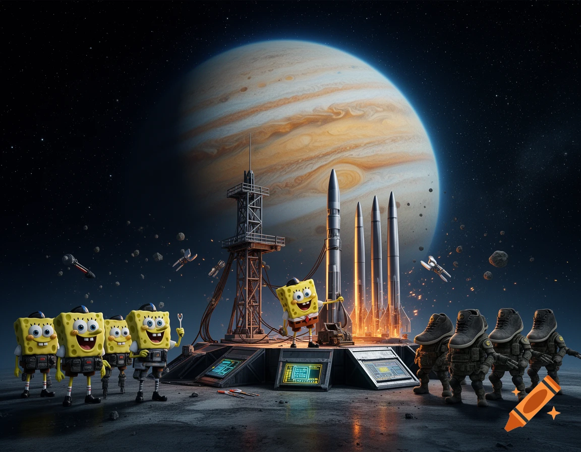 SpongeBob characters and shoe-headed soldiers building a rocket base in space with the planet Jupiter in the background.