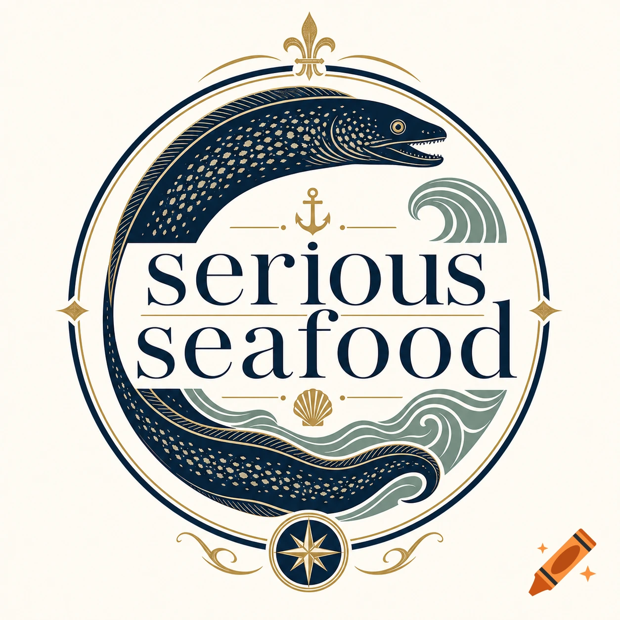 Classic circular logo for Serious Seafood featuring a moray eel and nautical elements in blue, cream, and gold.