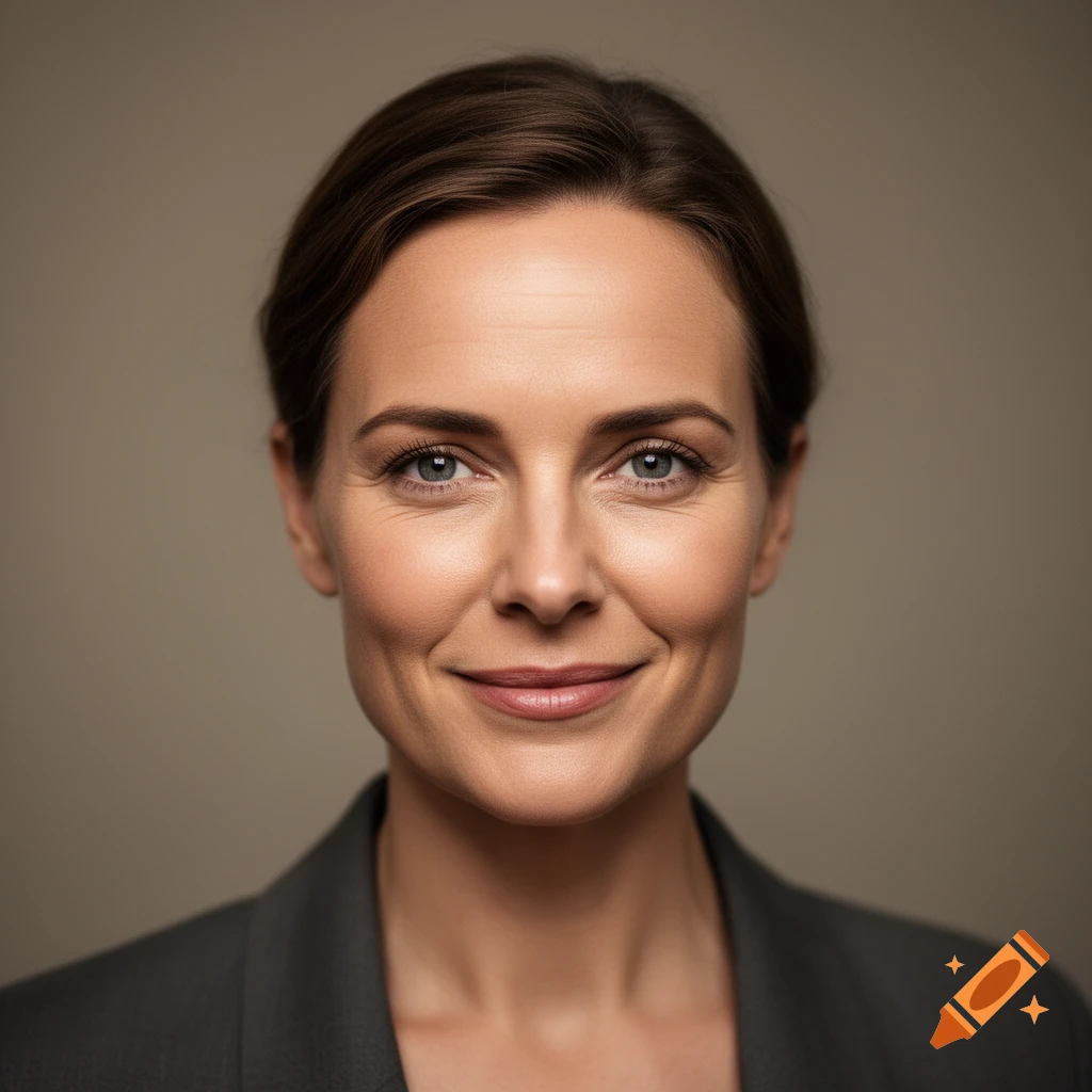 Close-up photorealistic portrait of a smiling woman with brown hair in a dark suit against a neutral background.