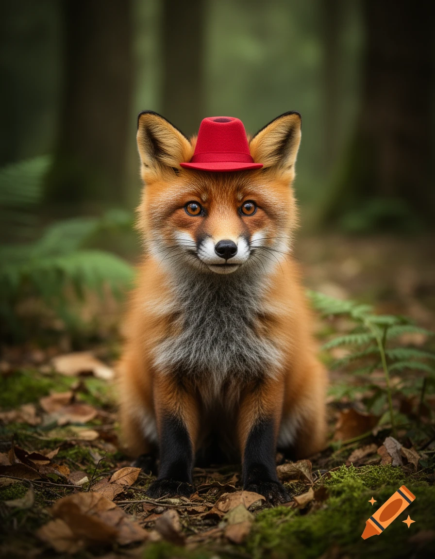 Photorealistic image of a cute red fox sitting in a forest, wearing a small red hat.