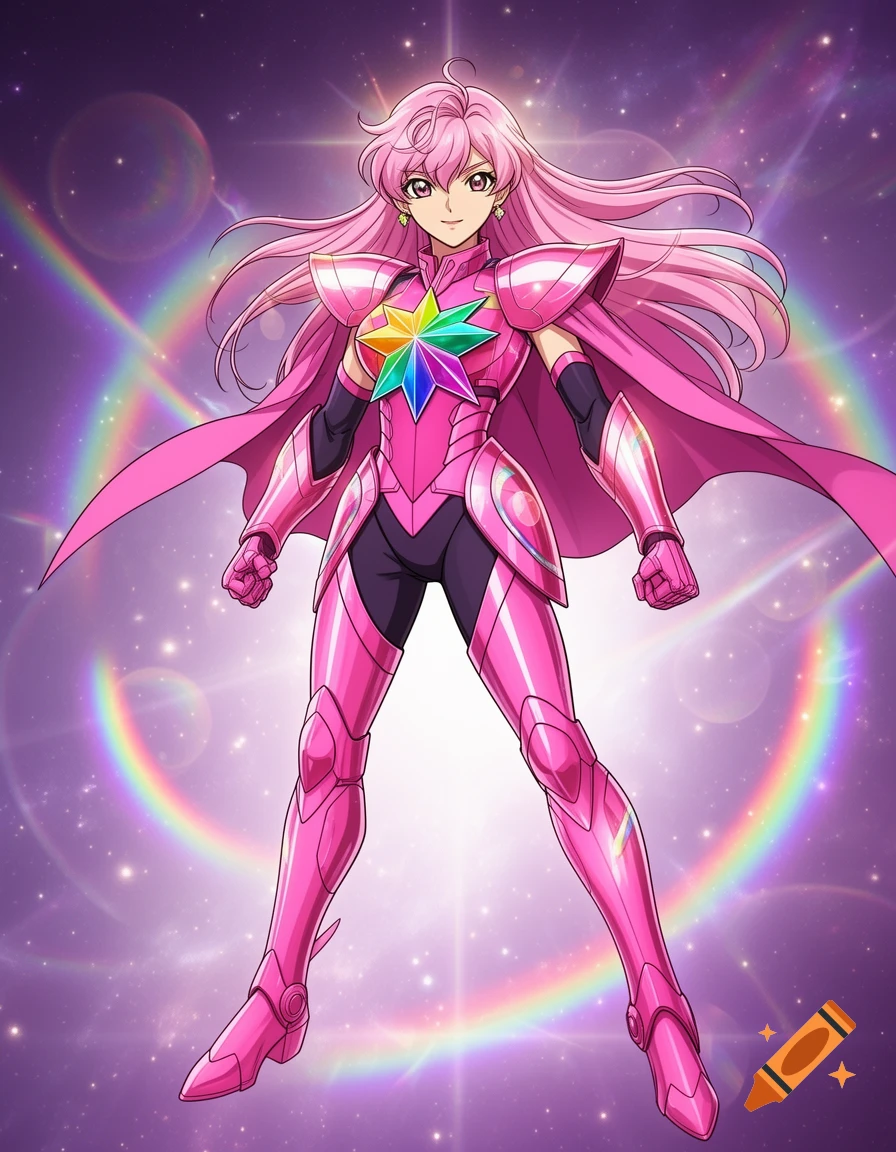 Anime illustration of a female superhero in shiny pink armor and cape with a multicolored star on her chest against a cosmic rainbow background.