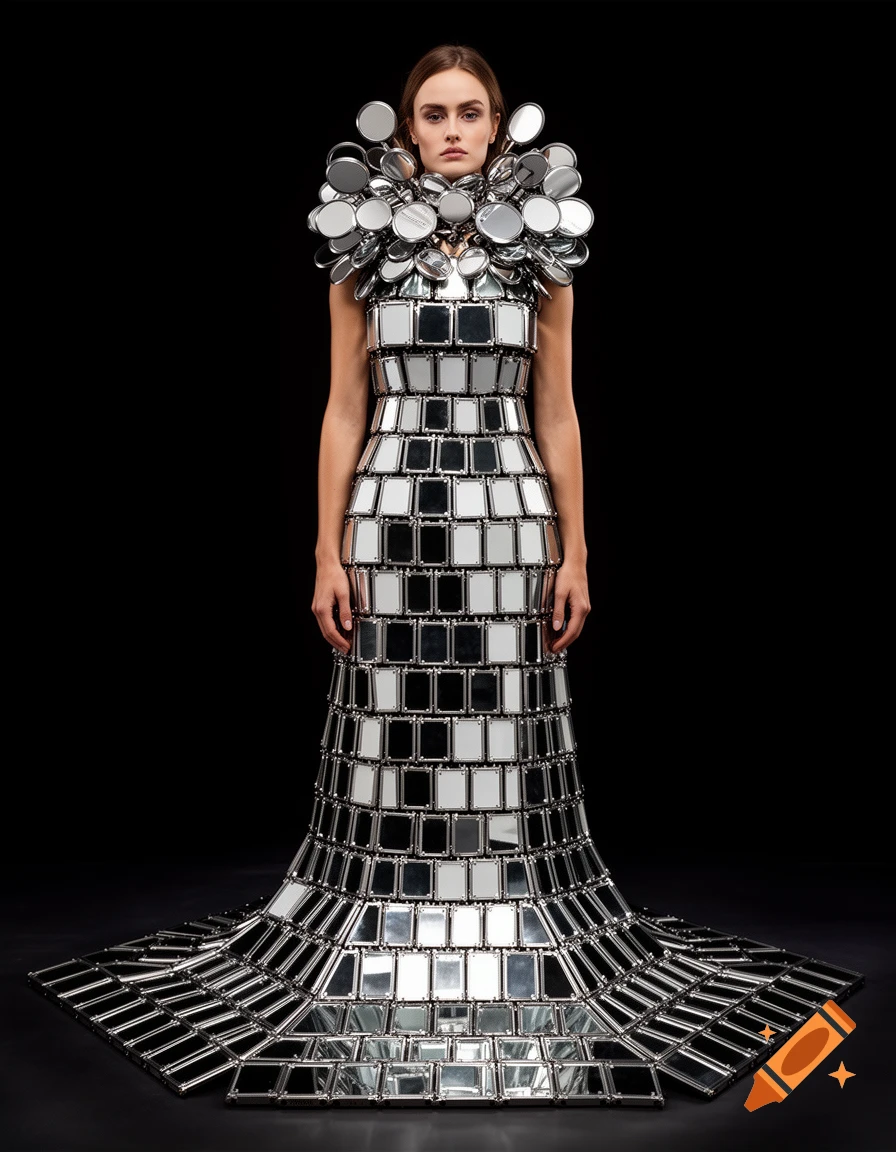 A woman wearing an avant-garde dress and collar made of reflective moped mirrors, standing against a black background.