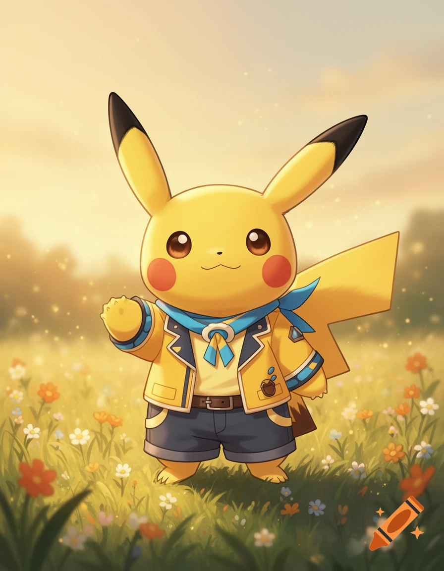 Digital illustration of Pikachu wearing a yellow jacket and blue scarf, standing in a sunny flower field.