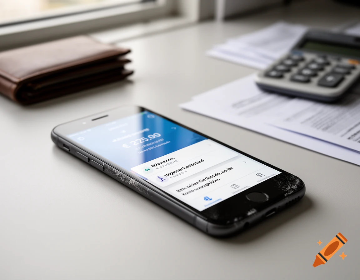 Close-up photorealistic shot of a smartphone showing a banking app with a negative balance, resting on a desk with a calculator and wallet.