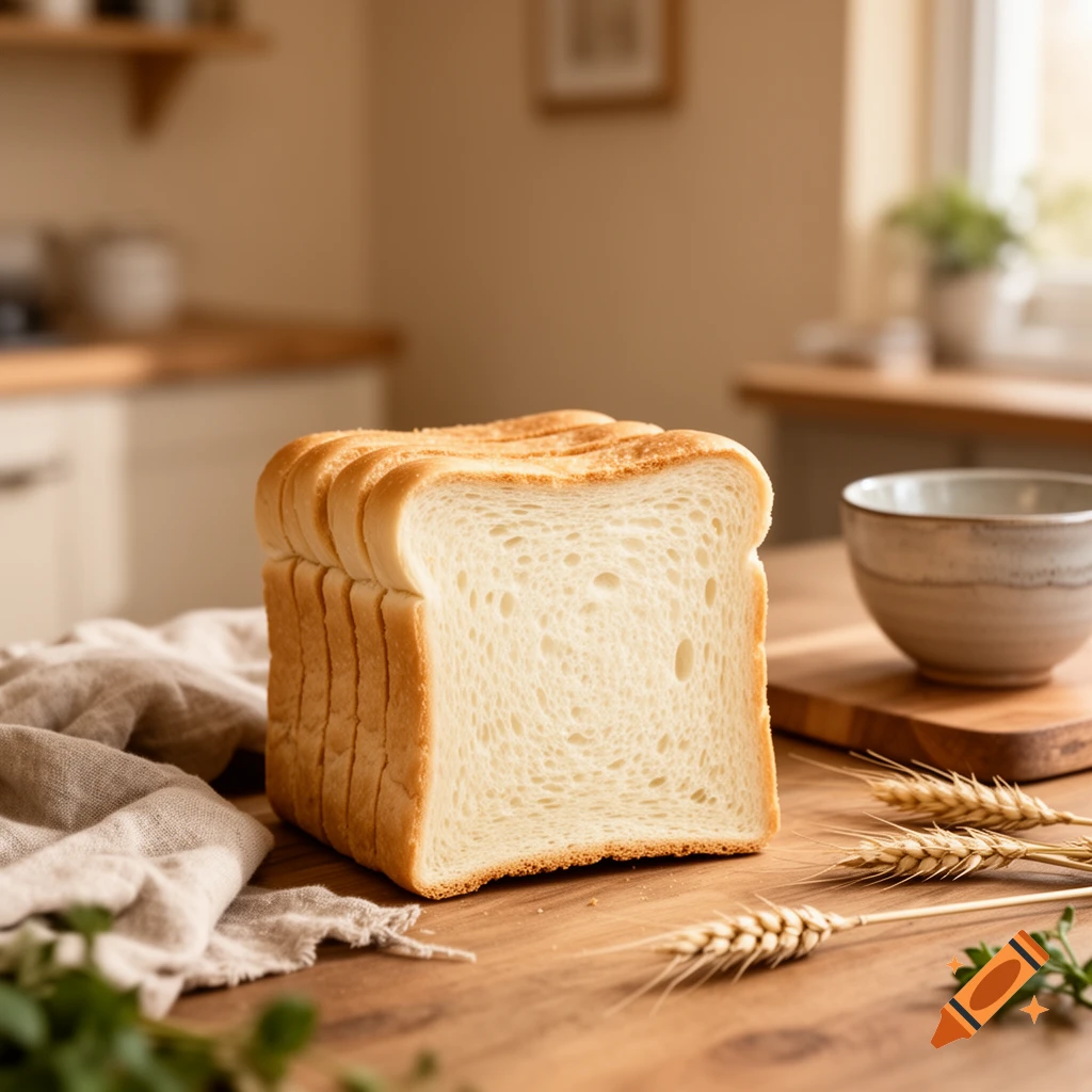 Photorealistic image of sliced white bread loaf on a wooden kitchen table with wheat stalks and a ceramic bowl.