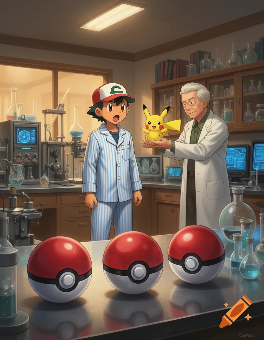 Ash in striped pajamas and Professor Oak holding Pikachu in a laboratory with three Poke Balls on a counter.