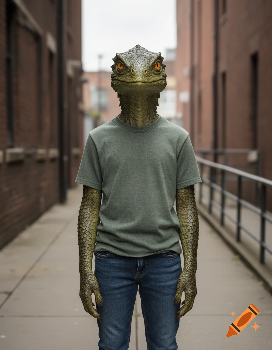 Photorealistic image of a humanoid lizard standing in an urban alleyway, wearing a t-shirt and jeans.