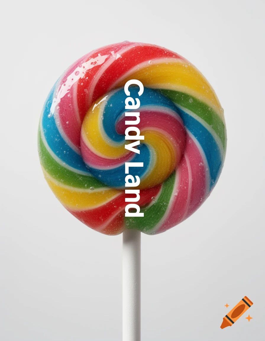 Close-up of a colorful swirled lollipop with the text Candy Land vertically on the stick, isolated on a light gray background.