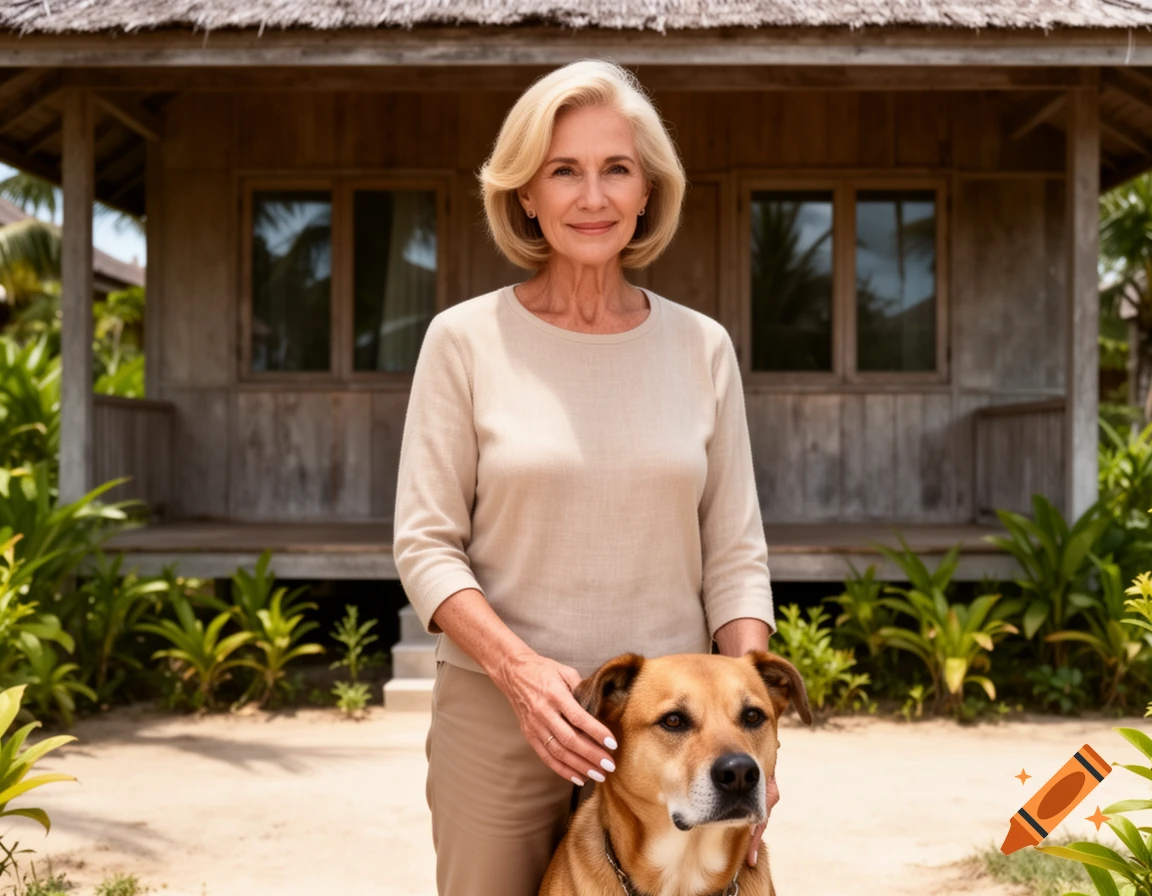 Photorealistic image of a woman standing in front of a wooden bungalow with a dog.
