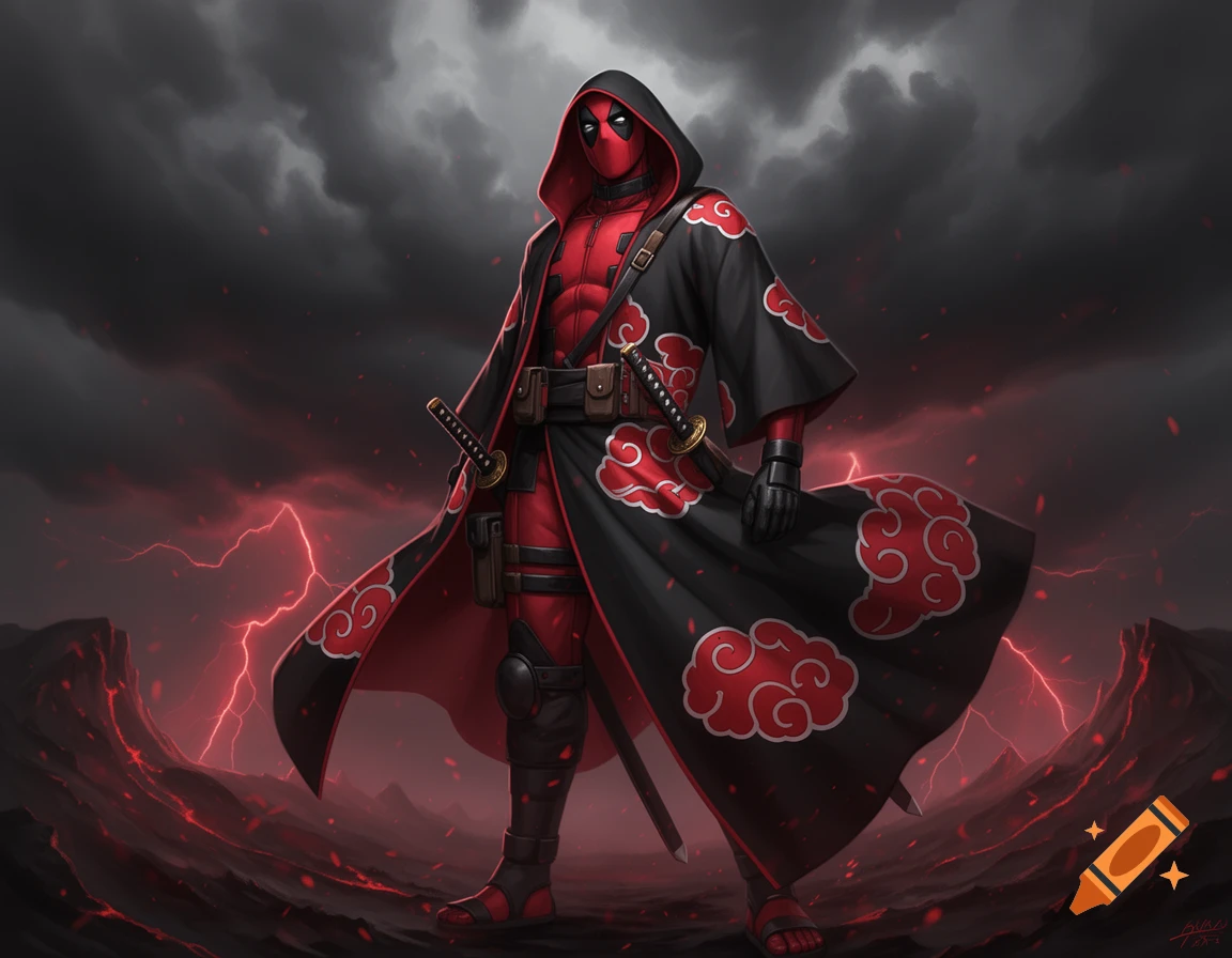 Digital illustration of Deadpool wearing an Akatsuki clan robe with red clouds, standing in a dark, stormy landscape with red lightning.