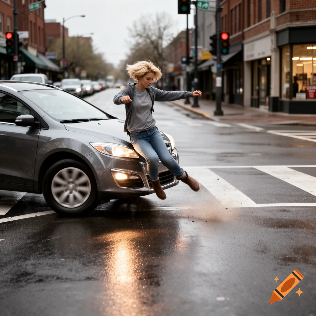 A blonde girl in a grey hoodie getting hit by a grey car on a wet city street, photorealistic style.