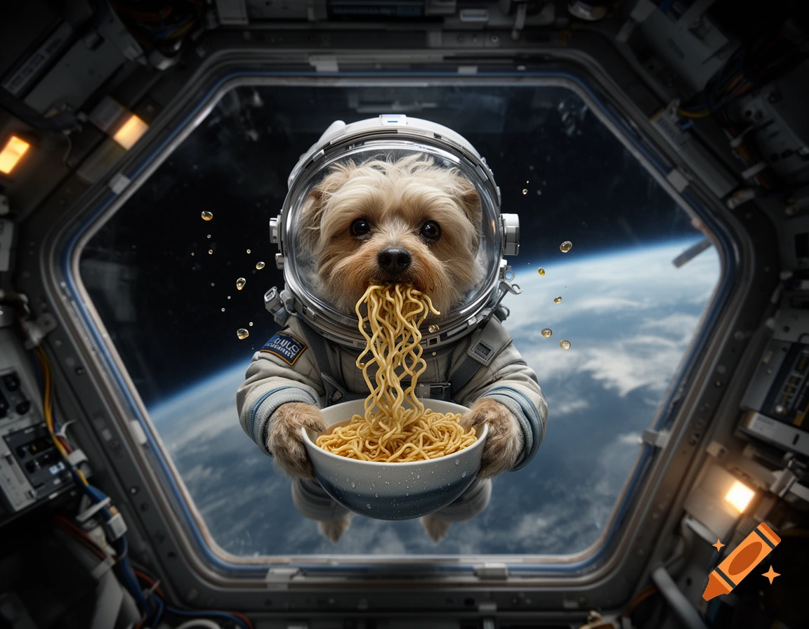 Photorealistic image of a dog wearing an astronaut suit eating noodles from a bowl inside a spacecraft with Earth visible through the window.