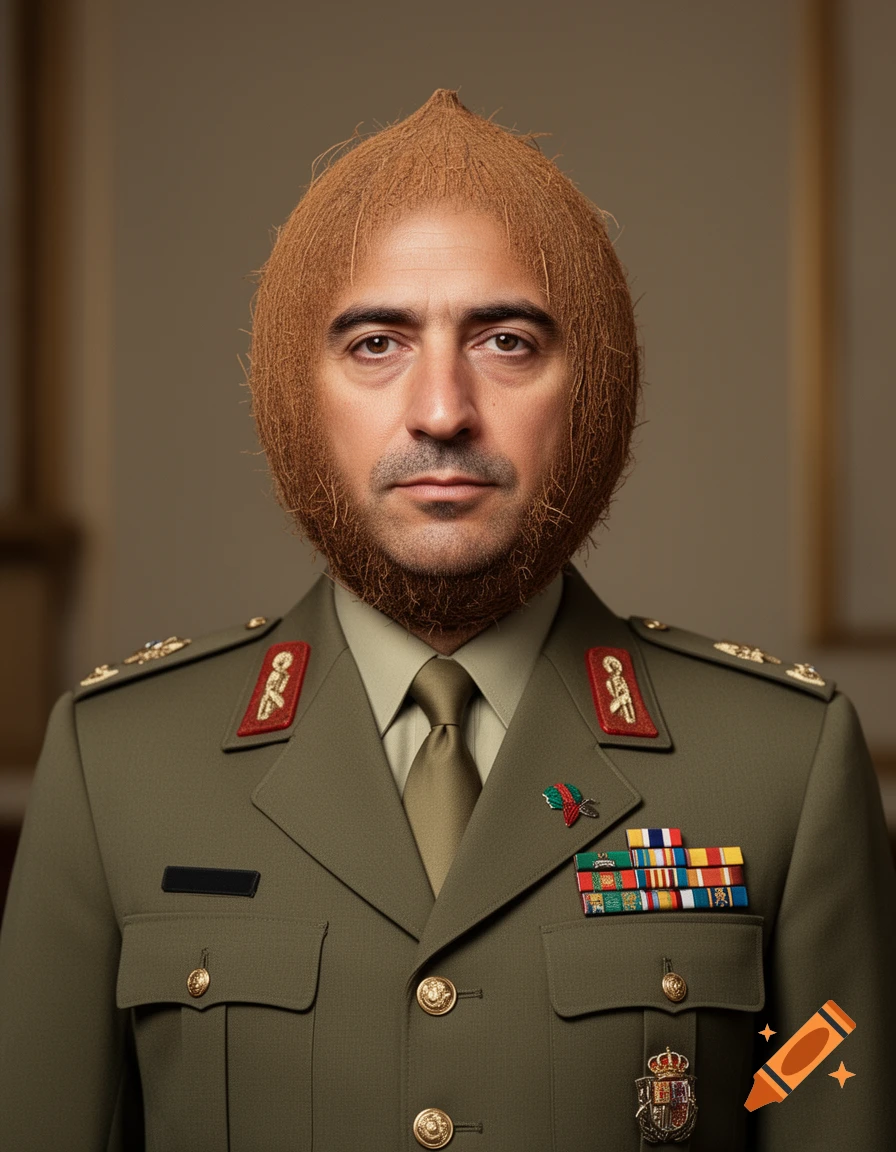 Photorealistic portrait of a military official in a green uniform with a coconut replacing his head.