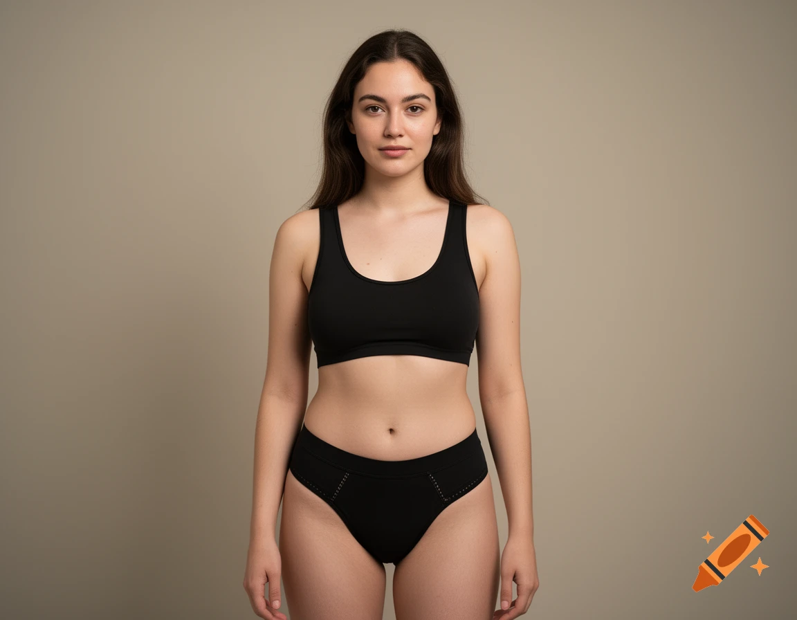 Photorealistic studio portrait of a young woman standing and wearing black underwear against a neutral background.