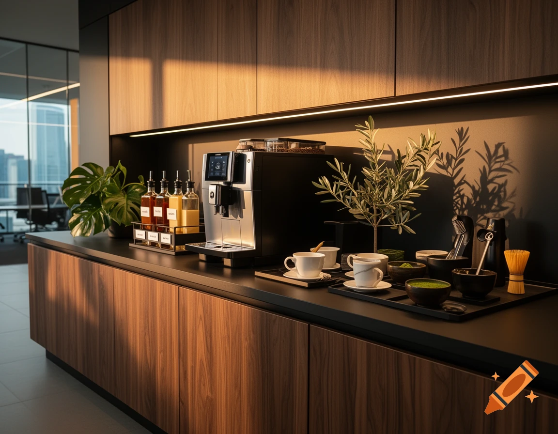 Photorealistic commercial interior of a modern office coffee station with a luxury machine, syrups, and plants.