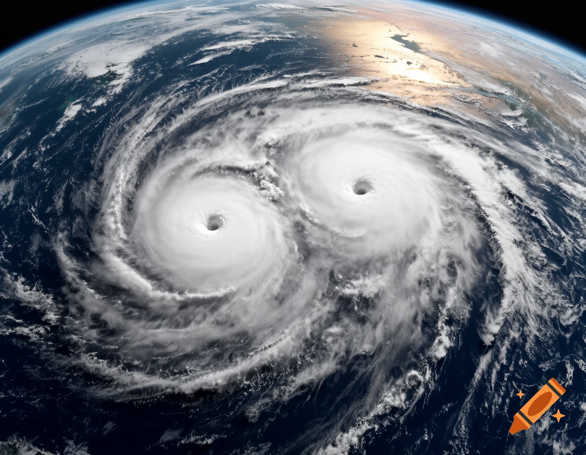 Satellite view of Earth showing two large hurricanes forming a symmetrical twin storm pattern over the ocean.
