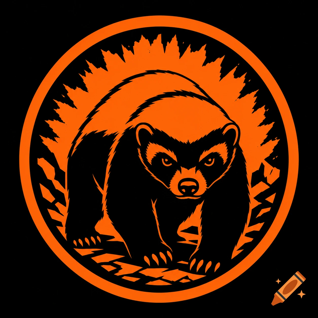Round orange and black stencil logo depicting an aggressive honey badger.