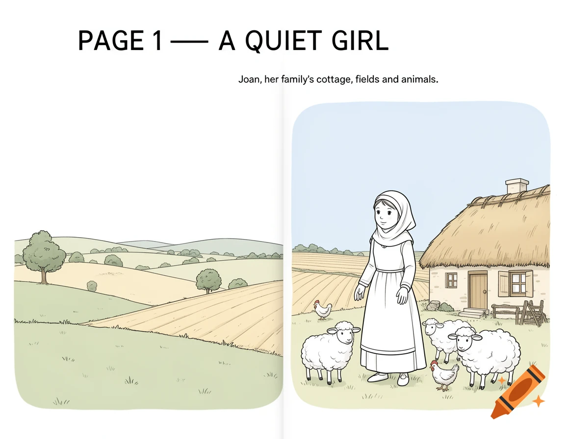 A simple black and white line art illustration of a medieval girl with sheep and a cottage, with space for text on the left.