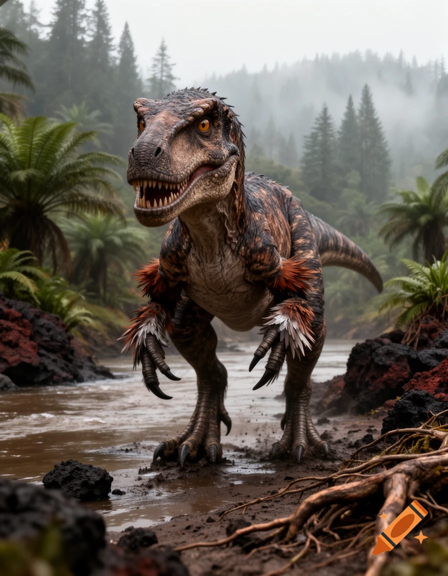 Photorealistic hybrid of an Allosaurus and Velociraptor standing in a muddy riverbed surrounded by prehistoric ferns and a misty pine forest.