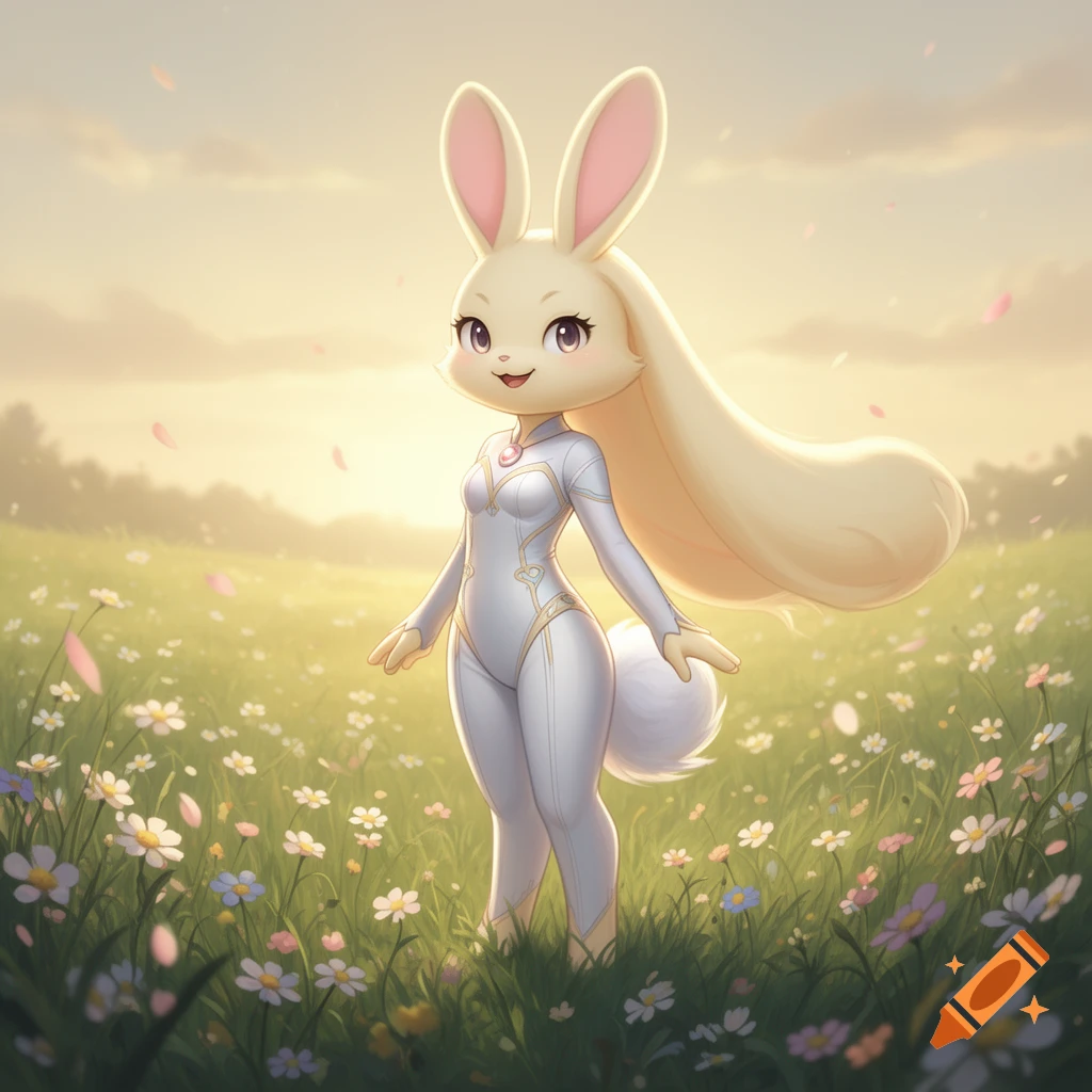 An anthropomorphic rabbit with long cream-colored hair and a white one-piece suit standing in a sunlit meadow of wildflowers, digital art style.