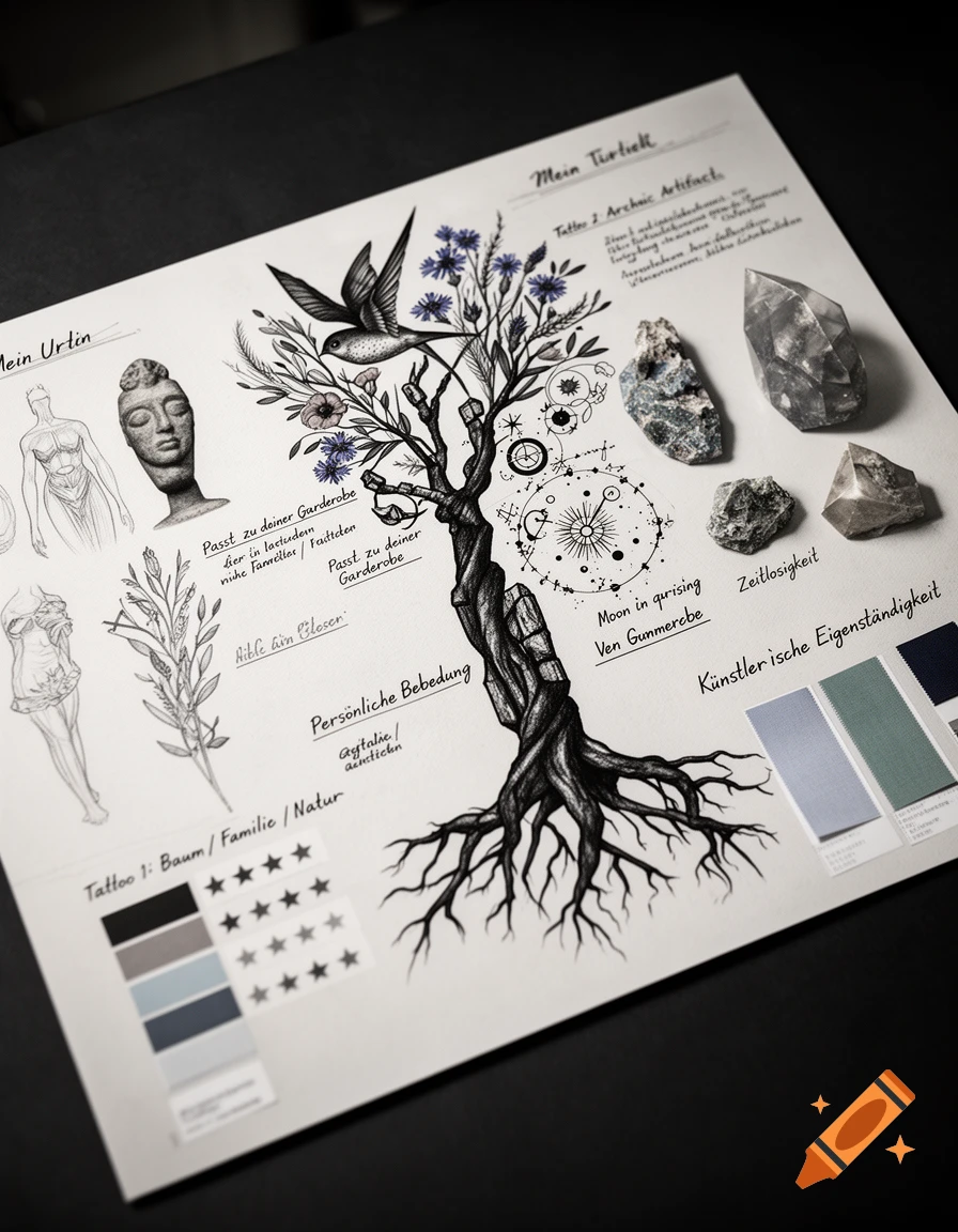 A design concept sheet for tattoos featuring sketched trees, birds, artifacts, and color swatches on paper.