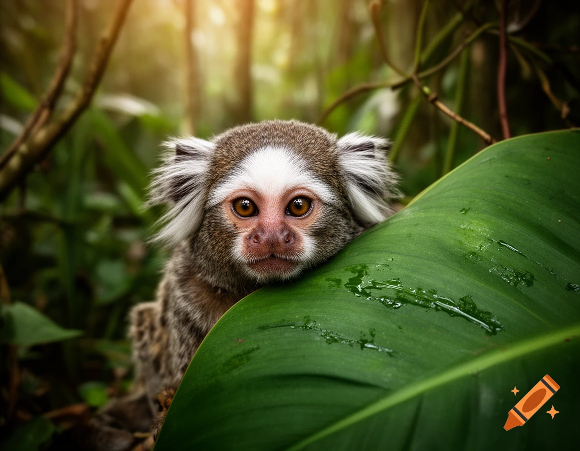 Close-up of a white-tufted marmoset monkey peeking from behind a large green jungle leaf in a sunlit forest, photorealistic.