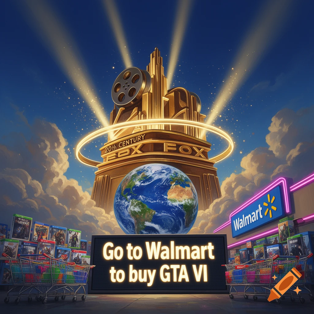 Parody of the 20th Century Fox logo featuring a Walmart store sign, shopping carts, and a billboard reading Go to Walmart to buy GTA VI.